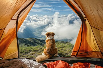 Wall Mural - Spring Camping. A Romantic Hike with Tent Shelter in Amazing Mountain Landscape