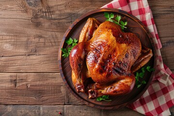 Smoked Whole Chicken. Top View Roast Chicken on Barbecue Plate