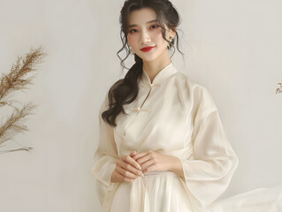  portrait of a young woman in a traditional Chinese dress, standing against a white background.