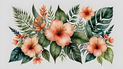Wall Mural - bouquet of flowers Tropical spring floral watercolor with green foliage and isolated flower elements on a transparent PNG backdrop, perfect for decorating wedding cards or bouquets of flowers..
