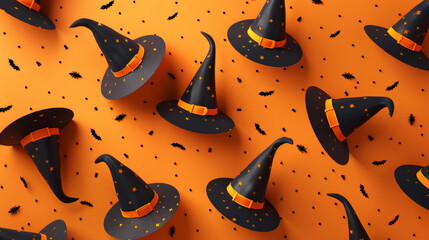 Wall Mural - minimalist background featuring stylised witch hats scattered across an orange background, using simple shapes and lines to evoke the Halloween theme