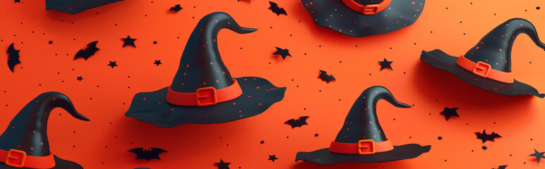 Wall Mural - minimalist background featuring stylised witch hats scattered across an orange background, using simple shapes and lines to evoke the Halloween theme