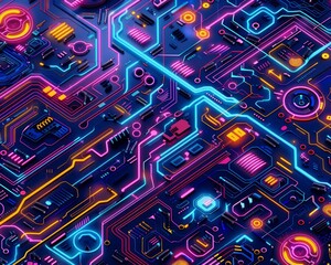 Wall Mural - Vibrant and striking tech circuit patterns with luminous neon accents, perfect for futuristic digital designs