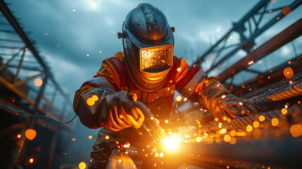 A welder crafting metal structures, sparks flying as they meld pieces together, highlighting the intensity and expertise of welding.