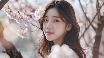 Wall Mural - A beautiful Korean girl, dressed in a trendy, modest fashion, walking through a cherry blossom park, highlighting her dewy skin and soft makeup. 