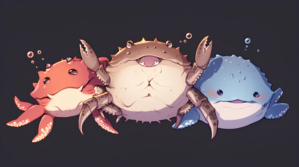 Wall Mural - crab octopus and puffer fish cute kawaii friends simple black background