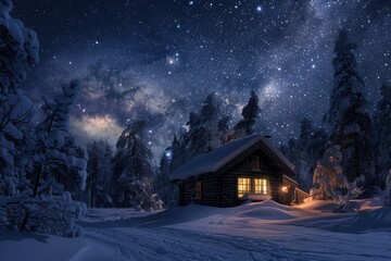 House In Snow At Night. Nordic Cottage under Starry Night Sky with Northern Lights Aurora Borealis
