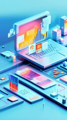 Poster - Isometric illustration of laptop, tablet and phone with data graph charts
