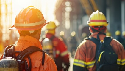  A group of firefighters standing back a looking at it group firefighter construction worker in a hard hat, essential safety gear for the building emergency action plan empowerment 