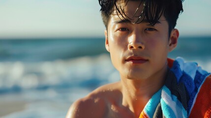 Wall Mural - A handsome, cute, Korean young man featuring a beach towel, showcasing summer relaxation by the ocean, emphasizing his laid-back and fun-loving personality. 