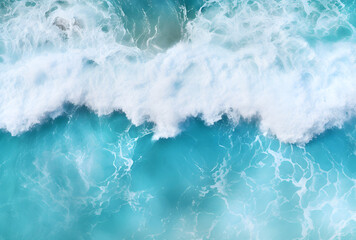 Wall Mural - Top view of the ocean blue water with white foam and waves