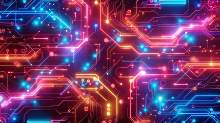 Sticker - Abstract background of a bright and colorful circuit board pattern with glowing effects