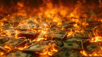 Burning money, currency notes engulfed in flames.