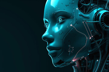 AI robot futuristic technology android or cyber humanoid. Artificial Intelligence cyborg robot Cyborg woman side view banner. High-tech Ai bot background with copy space for text