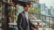 © songwut - A handsome, cute, Korean young man featuring a tailored suit, showcasing high-end fashion in a luxurious rooftop bar, emphasizing his sophisticated and suave appearance.