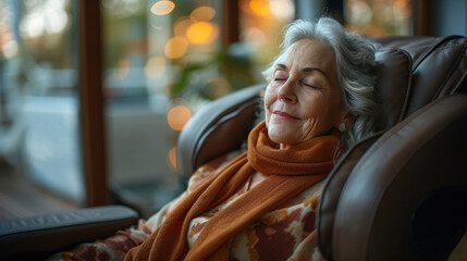 Wall Mural - A senior woman unwinding with a relaxing therapy session on a massage chair in her living room.