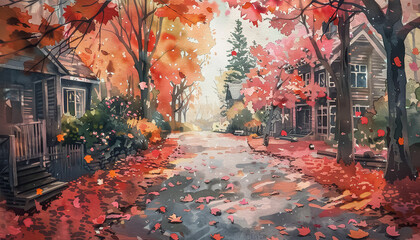 Wall Mural - A painting of a street with houses and trees in autumn