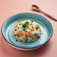 Delicious healthy vegetable basmati rice on coral colour background