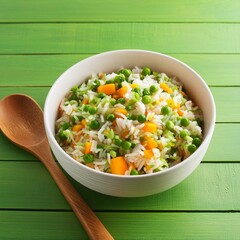 Delicious healthy vegetable basmati rice on green wooden background