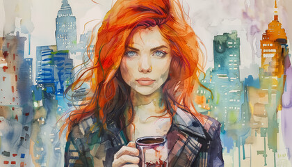 Wall Mural - A woman with red hair is holding a coffee cup in front of a city skyline