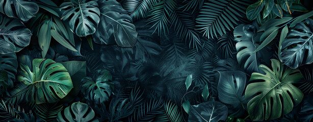 Wall Mural - Abstract texture of green tropical leaves, ferns and monstera in a dark forest nature background.