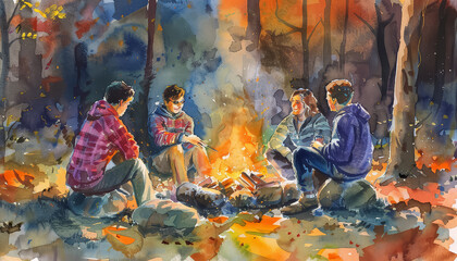 Wall Mural - A group of four people sitting around a campfire