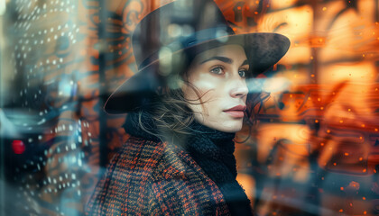 Wall Mural - A woman wearing a hat and scarf is looking out a window