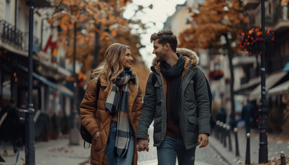 Wall Mural - A couple is walking down a street in the fall, holding hands and smiling