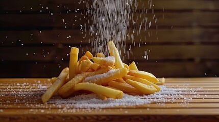Wall Mural - Freeze Motion Shot of Falling Fresh French Fries on Wooden Table and Adding Salt.