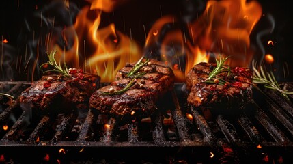 Wall Mural - Delicious steak floating on an iron grill with open flames.