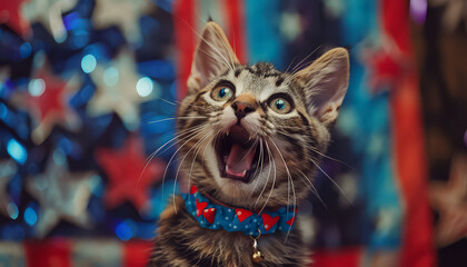 Wall Mural - A cat wearing an American flag hat is looking at the camera