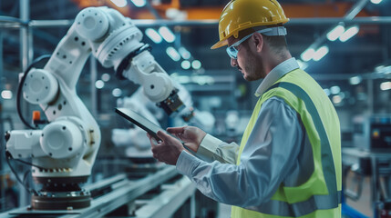 Automation engineers use tablets to program robot arms in a smart factory for digital factory production technology showing industrial automation processes.