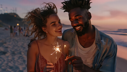 Sticker - A man and woman are smiling and standing on a beach