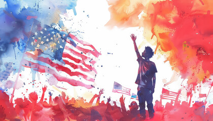 Wall Mural - A man is holding two American flags and surrounded by a crowd of people watercolor