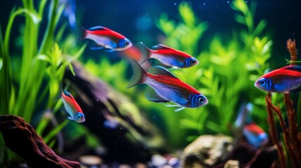 Harmony in Neon: Synchronized School of Tetras in Lush Aquarium