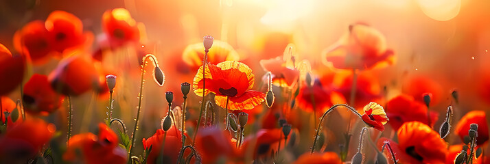Wall Mural - The amazing nature of red poppies under sunlight at sunset of a summer day A natural view of a blossoming flower as a background. Creative banner. Copyspace image