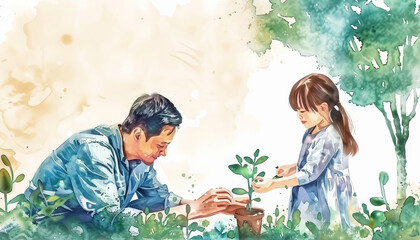 Wall Mural - A man and a little girl are planting a tree together