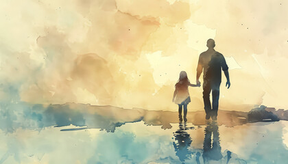 Wall Mural - A man and a child are walking together in a park