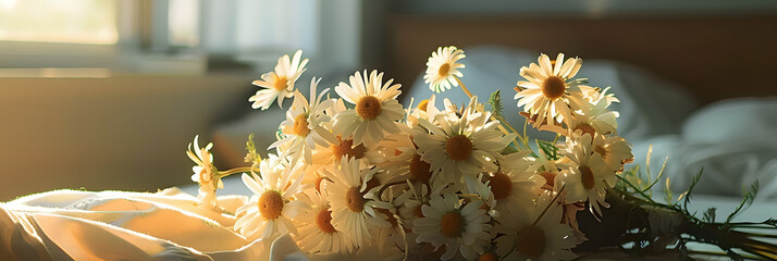 Wall Mural - In the bedroom a bouquet of daisy flowers rests on the nightstand creating a visually appealing image with room for text. Creative banner. Copyspace image