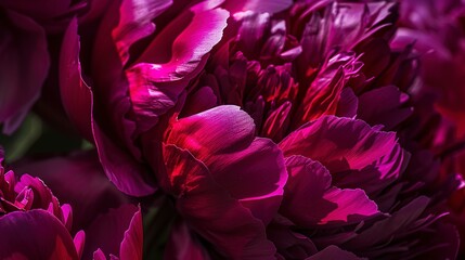 Boldly colored peony, close-up, deep pink petals, warm sunlight, high detail, blurred background. 