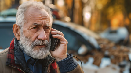 Sticker - Driver inspects car damage after traffic accident on city roads People using smartphones to call for roadside assistance or police, rescue personnel.