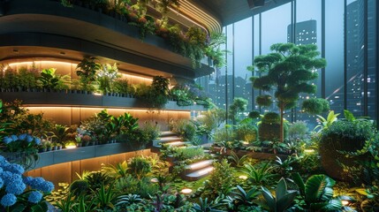 Wall Mural - Indoor Garden with Modern Architecture and City View