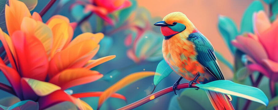 A stylized illustration of a vibrant tropical bird perched on a colorful flower, its plumage shimmering in the sunlight.
