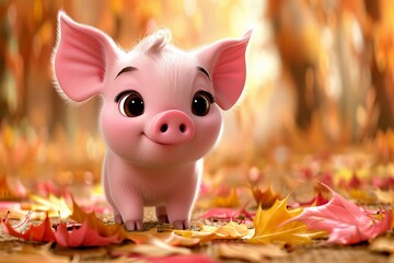 A pink pig walking in the orange autumn grass in the forest with sunlight illustration, Closeup of pink baby piglets with white and clean body in blur background