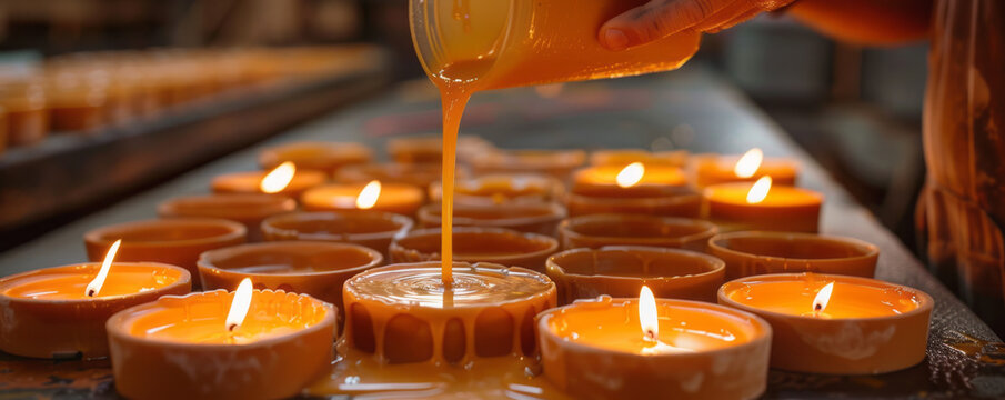 An artisan pouring molten wax into molds to create handcrafted candles, each one unique in its shape and design.