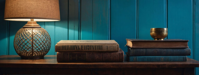 Wall Mural - Retro vintage style, books on table by blue wall.