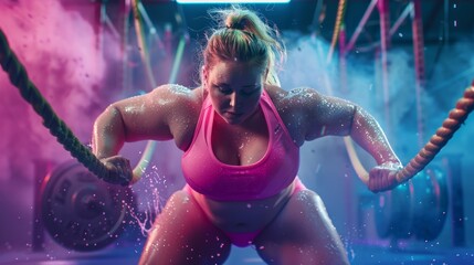 Poster - Fat young woman in fitness clothes exercising with battle ropes, wants to be thin, healthy concept.