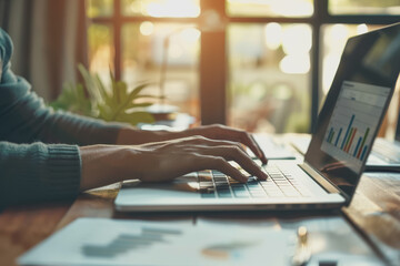 Businessman working on a laptop computer analyzing business data and graphs at the office.