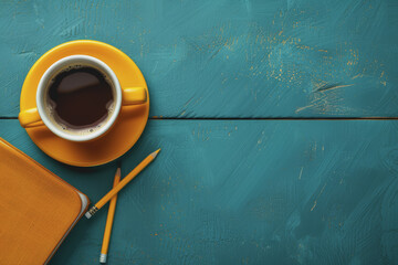 High-angle view, table with pencils, notebook, coffee cup, free space on the wooden work desk.