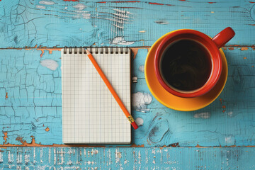 High-angle view, table with pencils, notebook, coffee cup, free space on the wooden work desk.